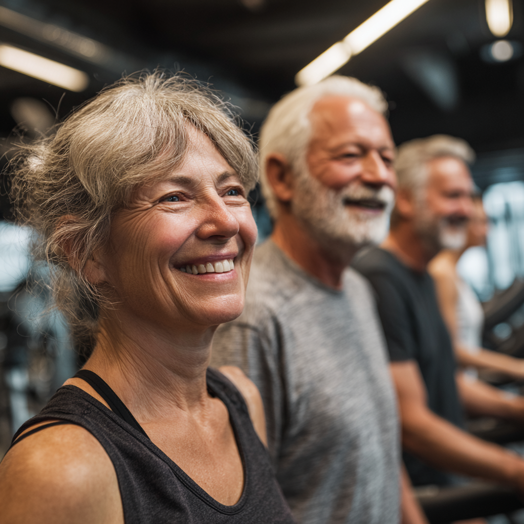 Grup de adulți între 50-60 de ani antrenându-se în sala de fitness cradimel, zâmbind și arătând determinați
